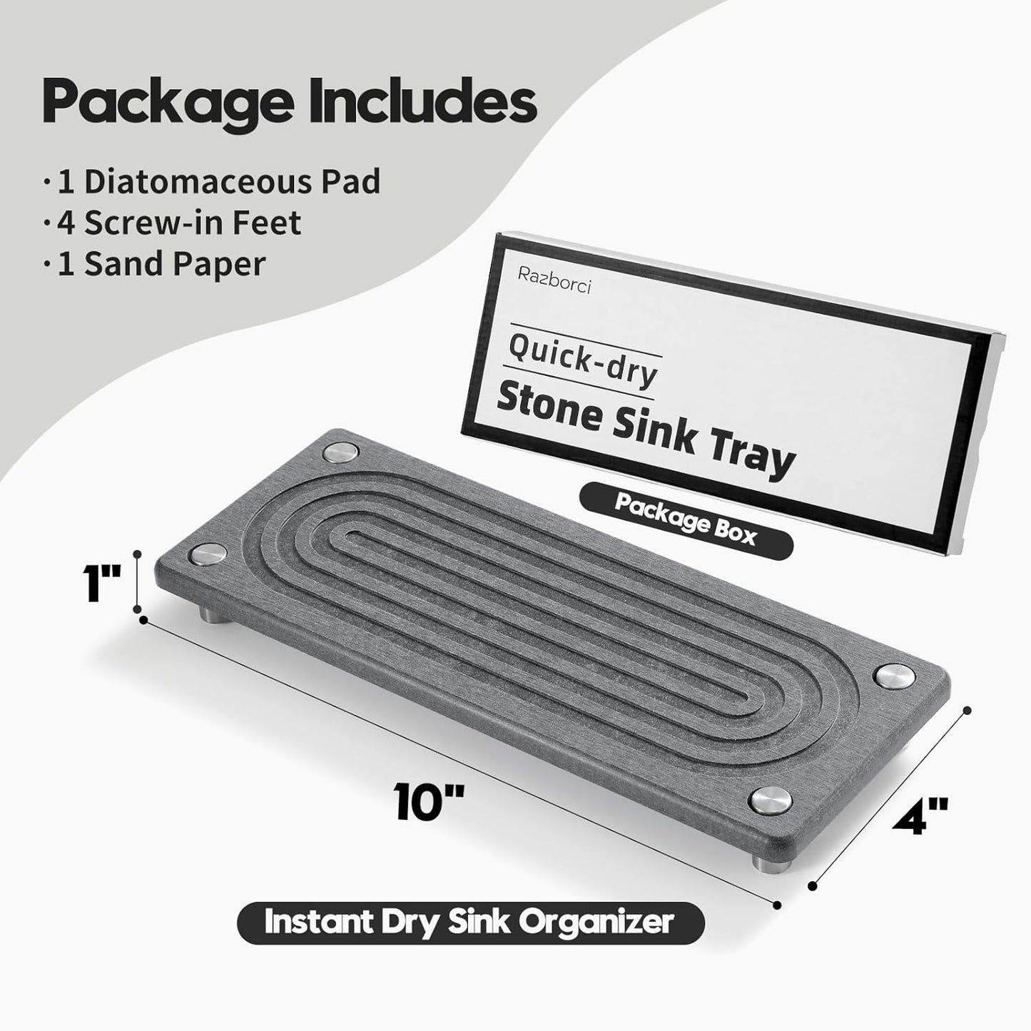 Water Absorbing Stone Sink Caddy Kitchen Sink Organizer Tray, Diatomite Bathroom Counter Tray, Faucet Drying Mat Coaster Soap Dish Rack Riser Dispenser Sponge Holder, Charcoal 10" x 4"