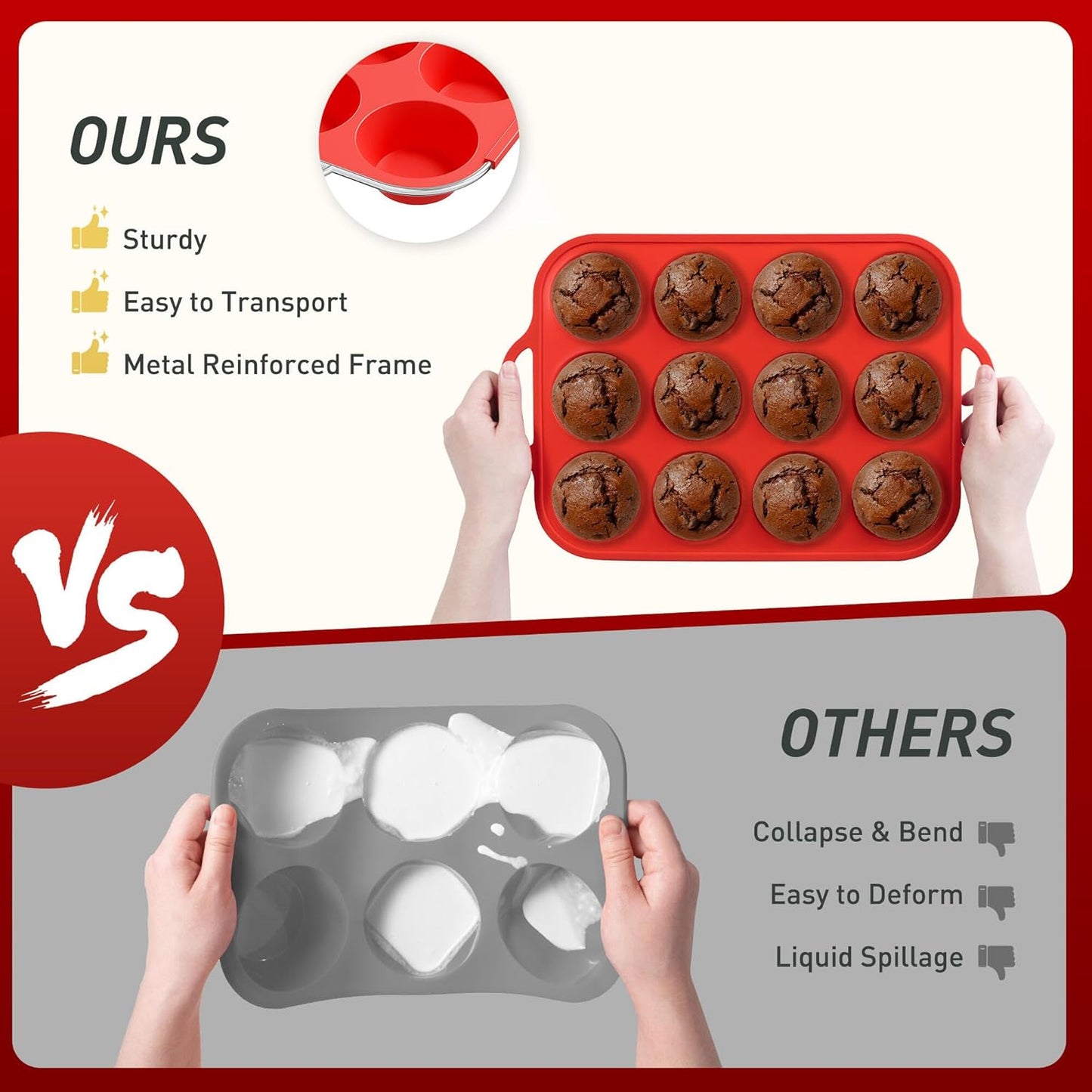 2 Packs 12 Cups Silicone Muffin Pan with Metal Reinforced Frame Regular Size Cupcake Pan Tray Silicone Molds Muffin Tin Tart Pans Moldes Para Gelatinas De Figuras Grandes Individuales Hornear Pasteles