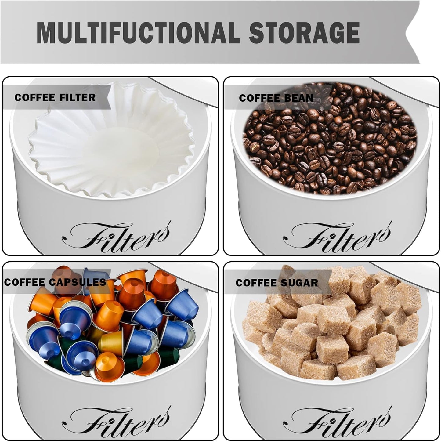 Coffee Filter Holder, White Basket Coffee Filter Storage with Lid, Round Coffee Filter Container for Counter, Rustic Farmhouse Coffee Bar Accessories Decor (White)