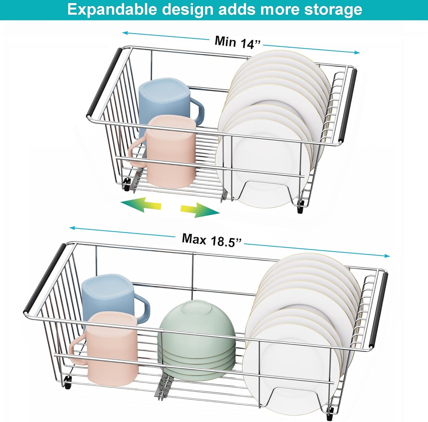 iPEGTOP Capacity Expandable Over Sink Dish Drying Rack, Multifunctional Adjustable (14"-18.5") Rustproof Stainless Steel Dish Drainer Organizer Shelf with Utensil Holder for Kitchen Counter Sink