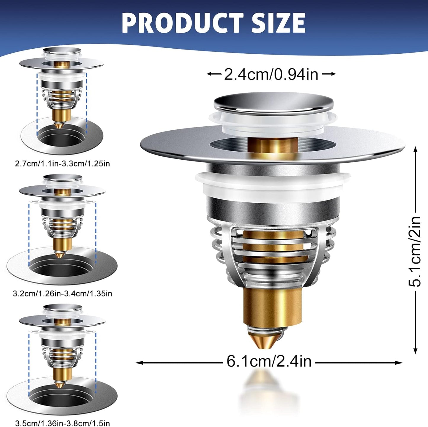 AURUZA 2 Pack Universal Bathroom Sink Stopper, Strainer for 1.1-1.5 Inch Bullet Core Push Type Basin Pop Up Drain Filter,Bathtub Converter with Anti Clogging Basket Hair Catcher