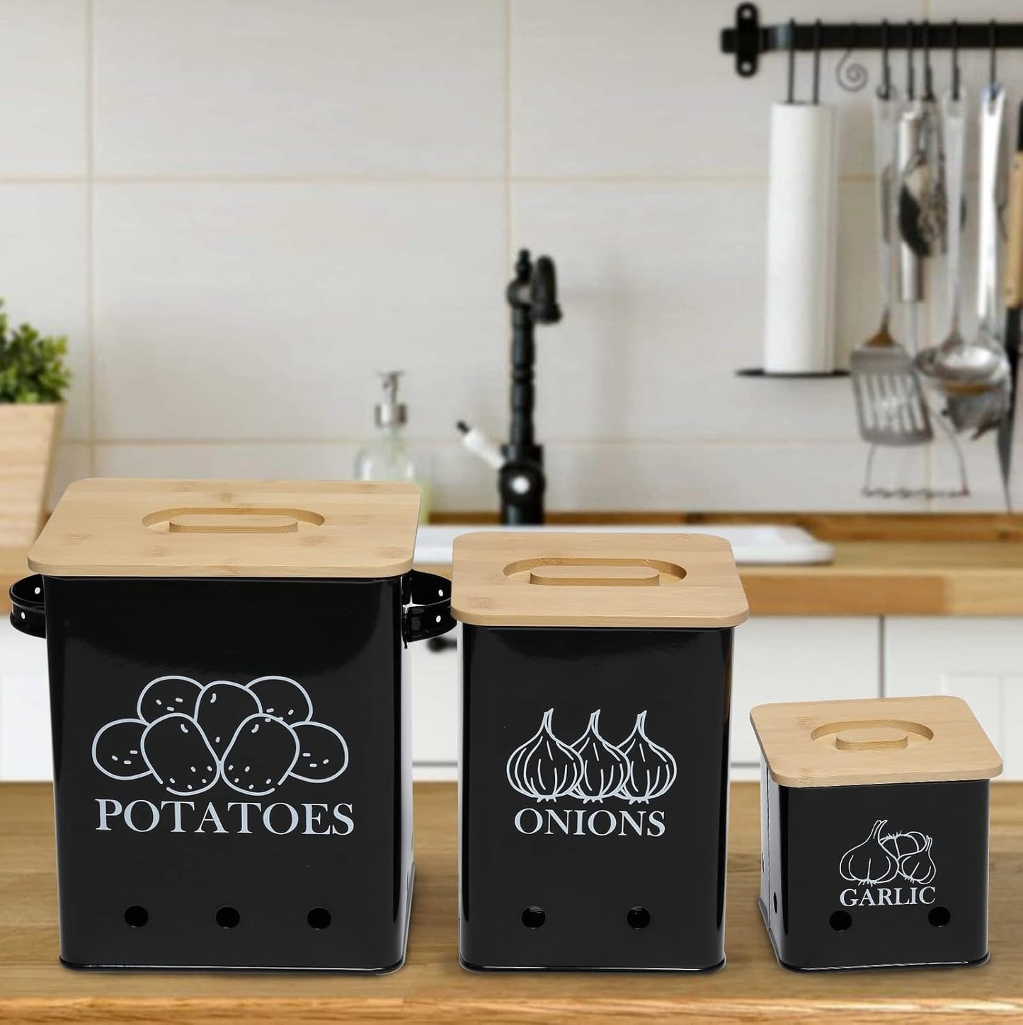 Kitchen Canisters Set, Storage Bin for Potato Onion & Garlic, 3 Pack Set Countertop Pots Containers with Wooden Lid - Potato Storage, Garlic Bin, Onion Keeper Tin with Aerating Holes-Black