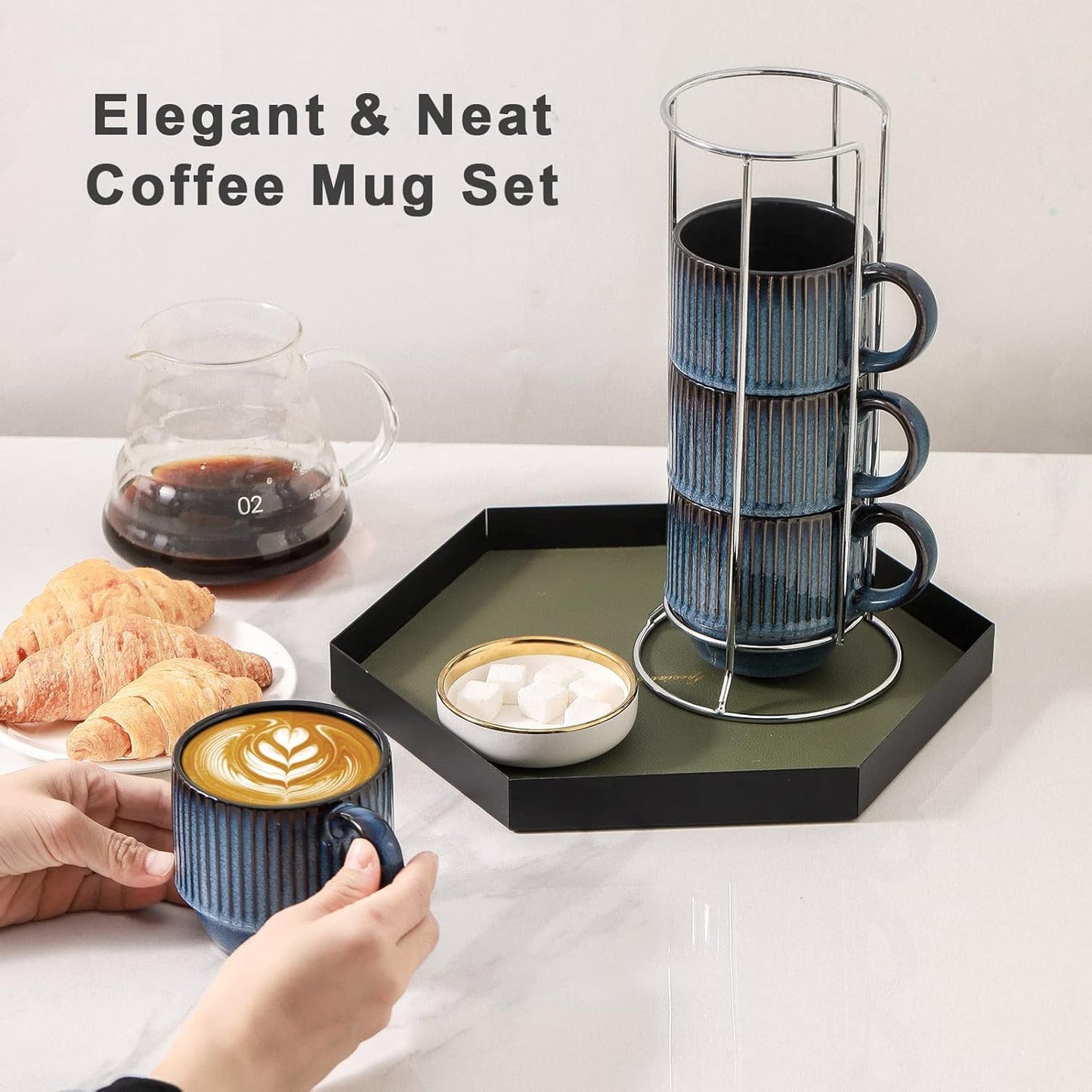 Hasense Navy Coffee Mugs Porcelain Set of 4 with Rack - 12 oz Stackable Coffee Cups Ceramic, Modern Ribbed Latte Cup Sets for Cappuccino, Tea, Espresso, Hot Cocoa, Drinks - Dishwasher & Microwave Safe