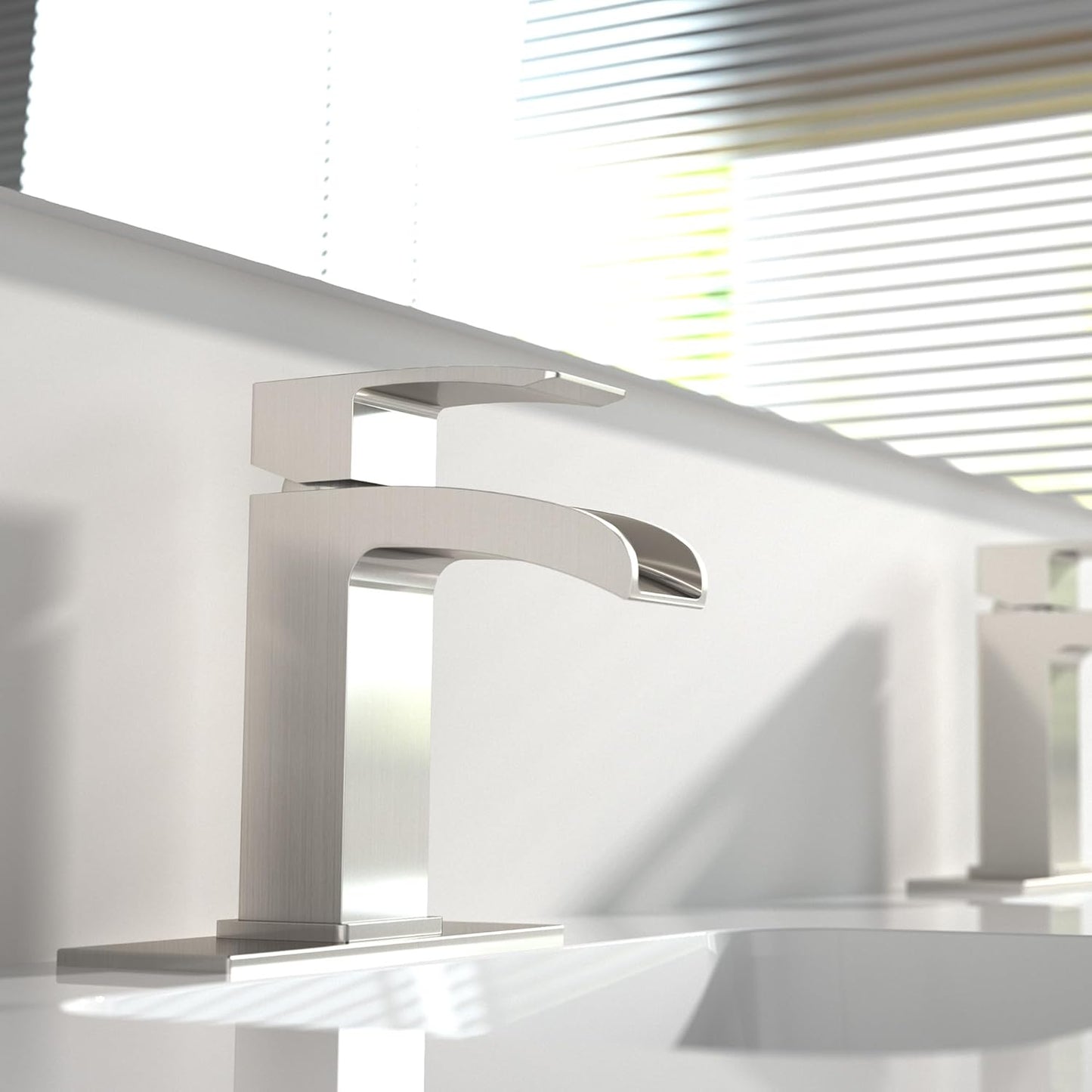 Brushed Nickel Bathroom Faucet Waterfall, Vanity Faucet Brass for Sink 1 Hole Single Handle Modern Mixer Tap with Pop-up Drain Stopper for Lavatory Farmhouse RV