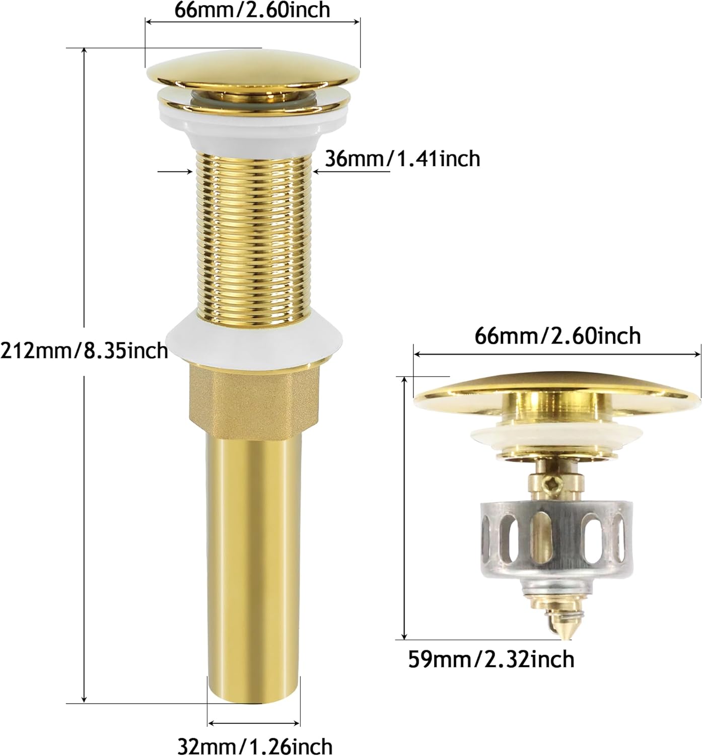 Bathroom Sink Drain, 2 Pack Gold Drain Stopper Without Overflow,Pop Up Drain Assembly Without Detachable Strainer Basket,Built-in Anti-Clogging Strainer,Stainless Steel