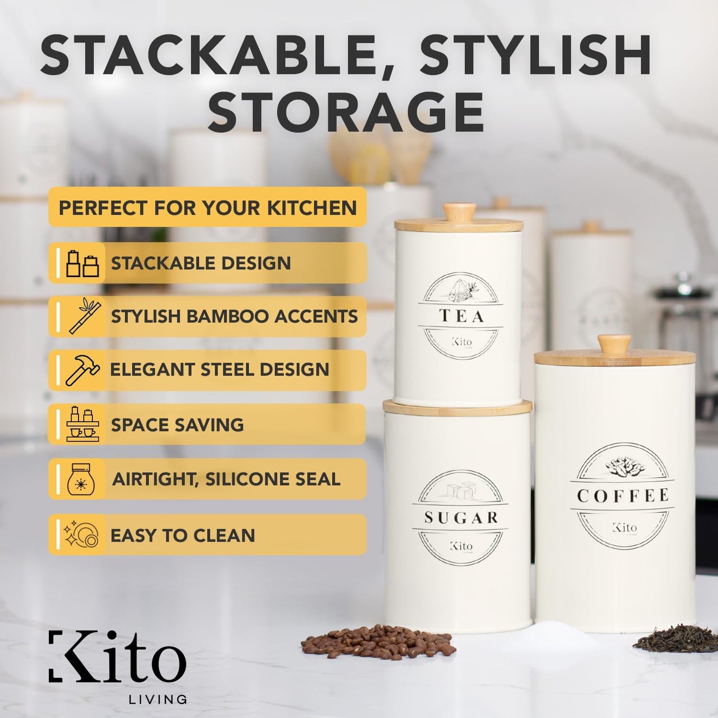 Canisters Sets for Kitchen Counter Storage and Organization with Wooden Bamboo Lids, Food Pantry Containers, Stackable Steel Storage Bins, Airtight Sugar Tea Coffee Canisters - Cream