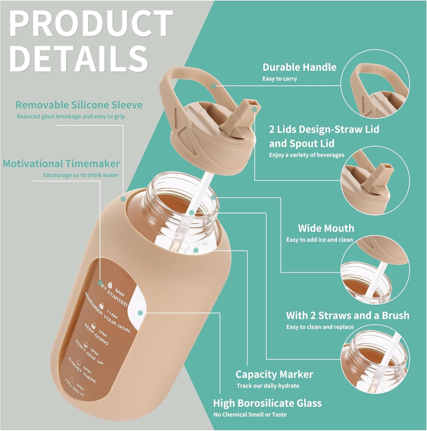 CIVAGO 32 oz Glass Water Bottle with Straw and Handle, Large Sports Motivational Water Bottle Flask with Time Marker and 2 Lids, Leakproof Water Jug Canteen with Silicone Sleeve for Gym,Smog Blue