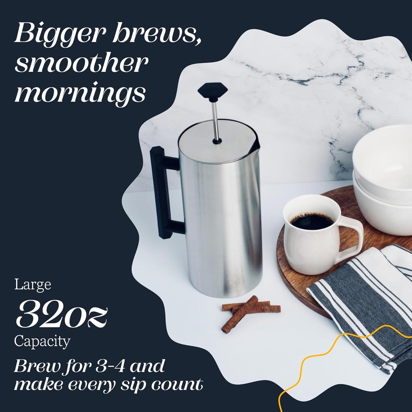 ESPRO P6 32 Ounces French Press Coffee Maker, Double Walled Stainless Steel Insulated, Brushed Stainless Steel