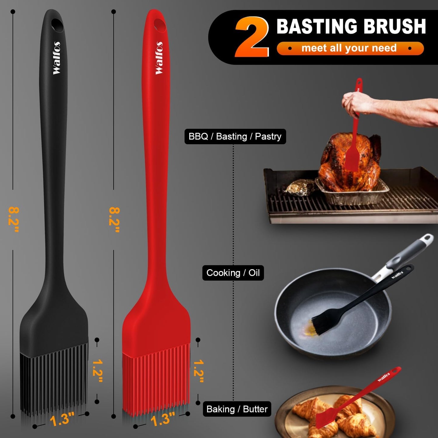 Walfos Silicone Basting Pastry Brush, Heat Resistant Small Basting Brush Set, Strong Steel Core and One-Pieces Design, Perfect for BBQ Kitchen Cooking, Desserts, BPA Free, 2 Pcs