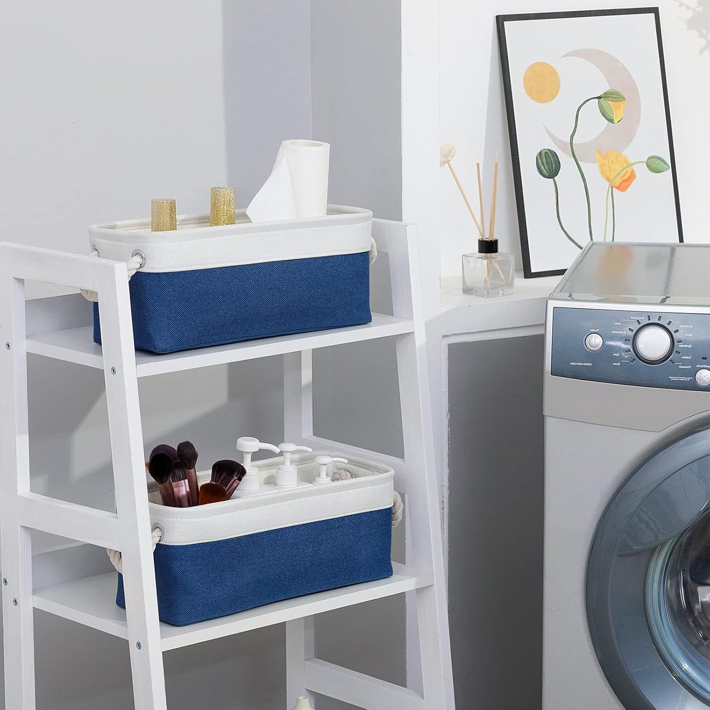 DULLEMELO Toilet Paper Storage Basket, Toilet Paper Basket for Back of Toilet, Bathroom Storage Basket for Cosmetics Towels Toilet Paper, Toilet Tank Basket with Rope Handles for Toilet(White&Blue)