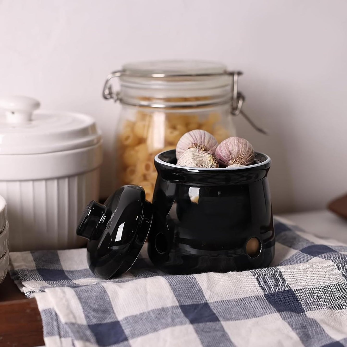 HAOTOP Ceramic Mini Garlic Keeper with Lid, Garlic Container Saver for Countertop, Keep Your Garlic Cloves Fresh (Black)