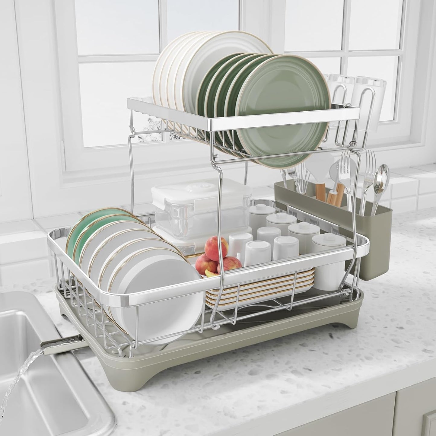 Dish Drying Rack, 2 -Tier 304 Stainless Steel Adjustable Spout Auto-Draining Dish Rack, Space Saving Dish Drainer with Drainboard and Utensil Holder for Kitchen Counter Grey