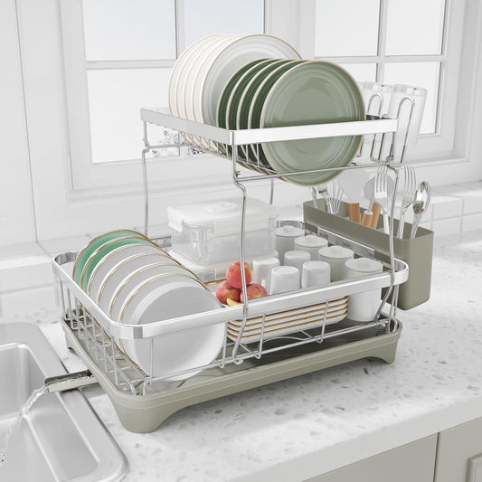 Dish Drying Rack, 2 -Tier 304 Stainless Steel Adjustable Spout Auto-Draining Dish Rack, Space Saving Dish Drainer with Drainboard and Utensil Holder for Kitchen Counter Grey