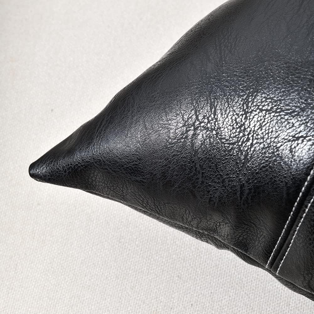 Fancy Homi Black Boho Faux Leather Decorative Throw Pillow Covers 18x18 Inch for Living Room Couch Bed Sofa, Rustic Modern Farmhouse Home Decor, Hand Stitched Square Cushion Case 45x45 cm