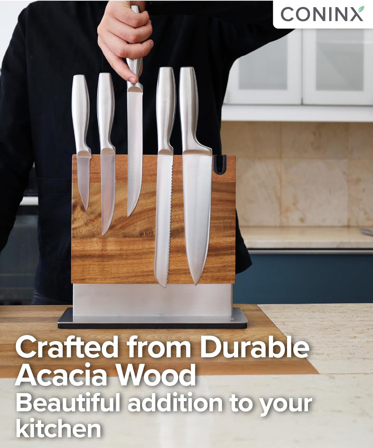 Coninx Magnetic Knife Block with Integrated Sharpener - Double Sided Walnut Wood Knife Holder - Universal Knife Stand with Non-Slip Base for Kitchen Countertop