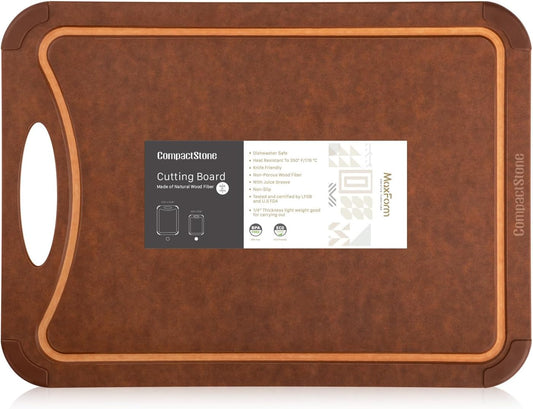 Cutting Board with Non-Slip Feet and Juice Groove for Kitchen, Wood Fiber Composite, 14.6-Inch by 10.8-Inch, Brown
