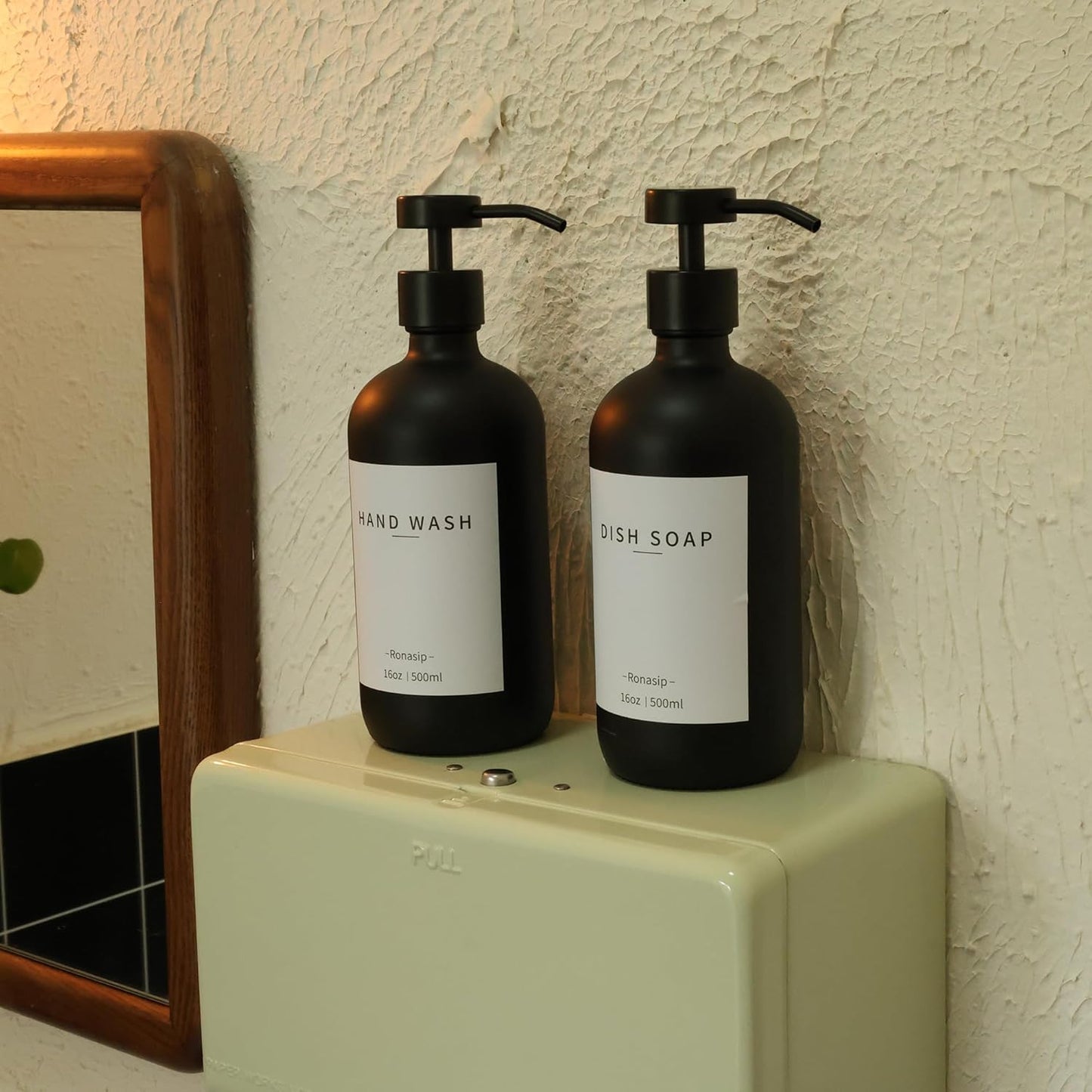 Set of 5 Kitchen Soap Dispenser Set 16 Oz Glass Hand Dish Soap Dispenser with Stainless Steel Pump, Cement Tray, Dish Scrub Brush for Farmhouse Rustic Home Bathroom Decor (Black)