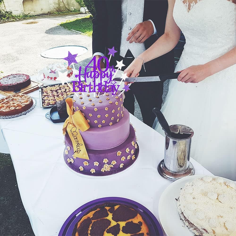 Glittery 40th Happy Birthday Cake Topper with Star,Personalised 40 Birthday Cake Toppers Party Decorations Party Supplies for Men Women Purple Silver