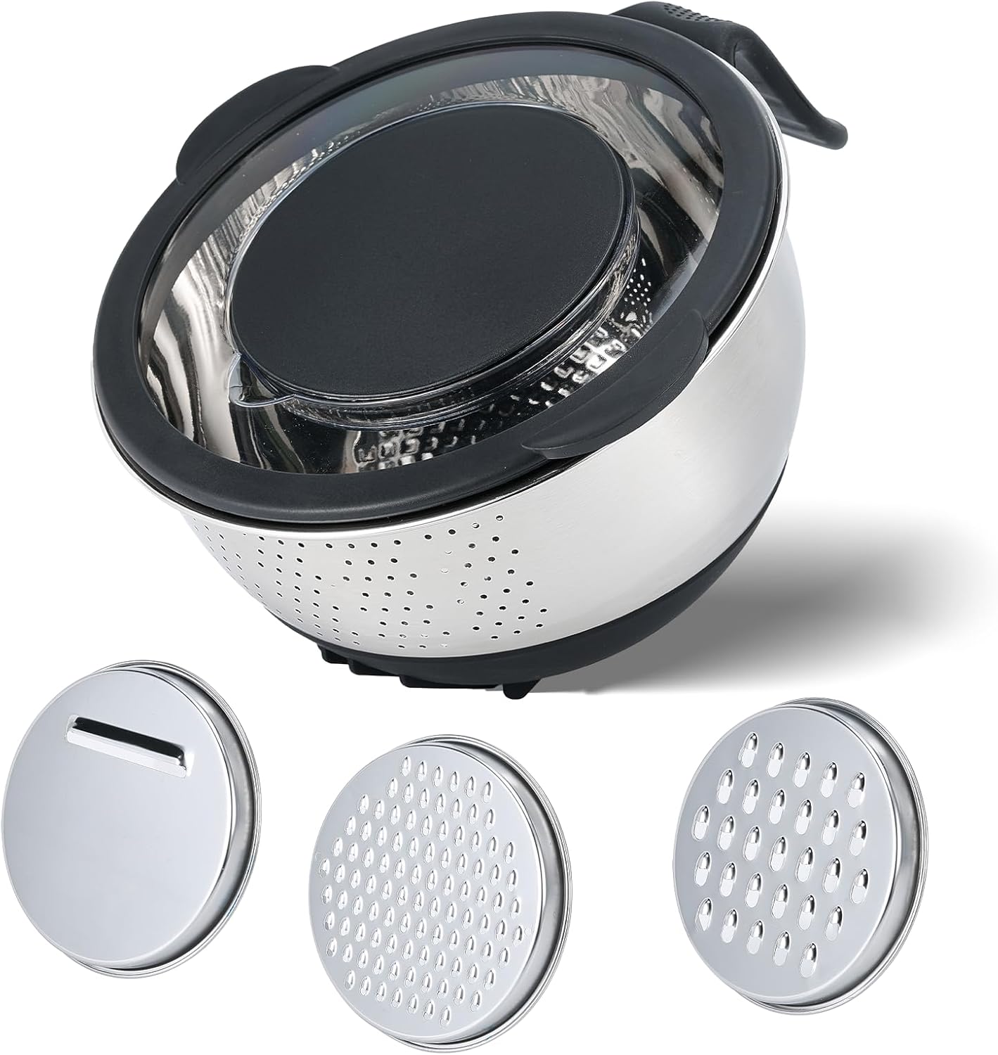 Kitchen Strainers and Colanders with Handle, Stainless Steel Grater with Container, Vegetable Shredder with 3 Blades, Versatile Side Drainer Bowl for Washing Rice, Beans and Fruits