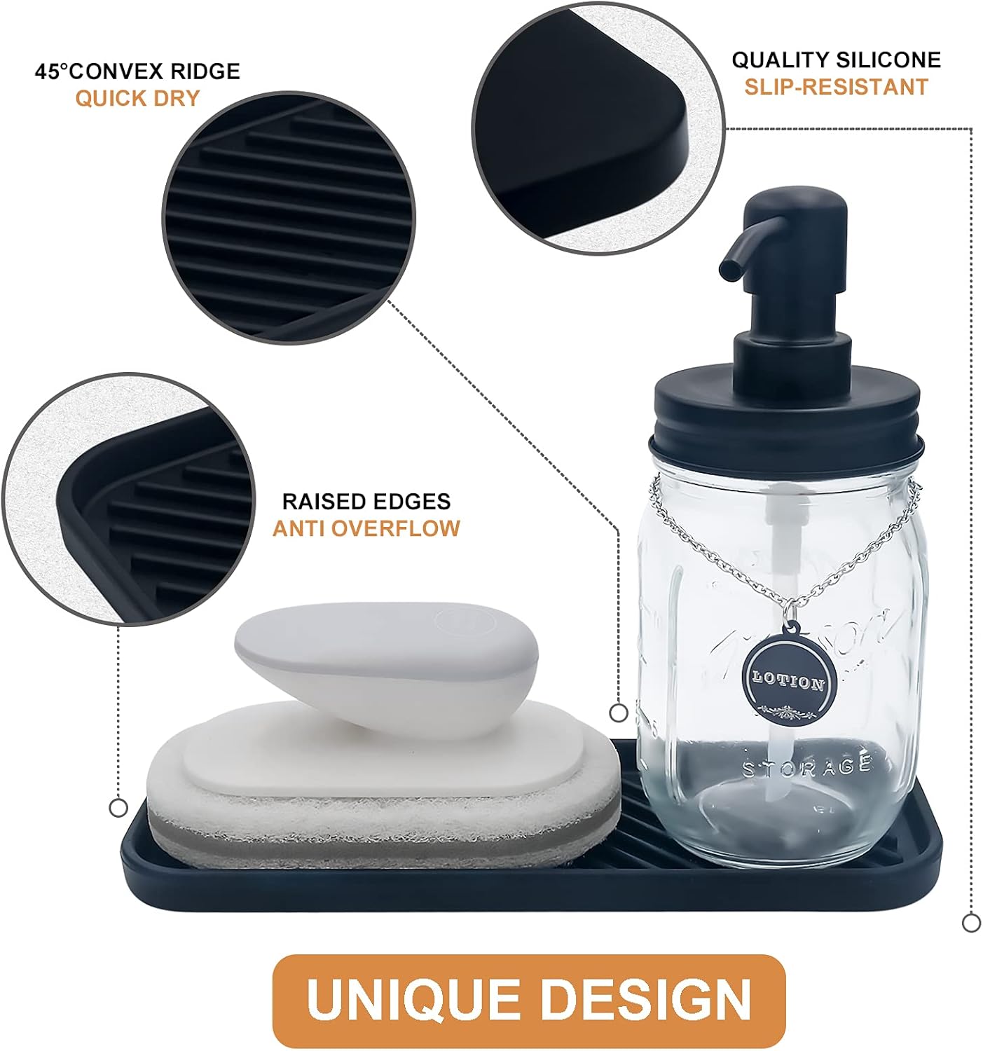 Silicone Organizer Tray, Soap and Sponge Holder for Kitchen Sink, Bathroom - Storage Tray for Dish Brush, Soap Dispenser, Dishwashing Accessories- 2 Pack (Black)