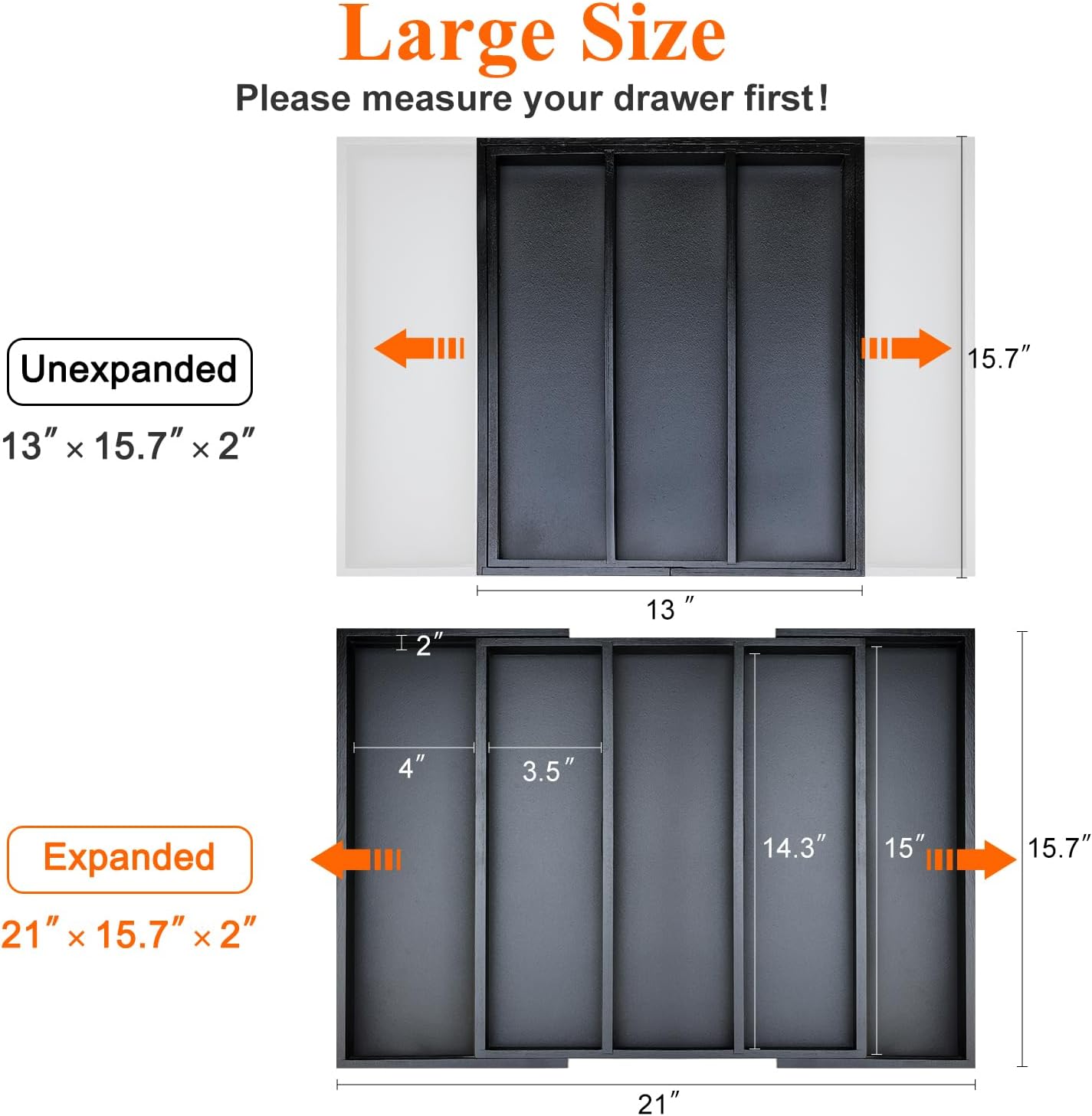 Expandable Large Kitchen Utensil Drawer Organizer Storage Black Bamboo Silverware Organizers Tray Divider Adjustable Spoon Flatware Organizer Wood Cutlery Tray Cooking Utensils Tool Holder Drawer