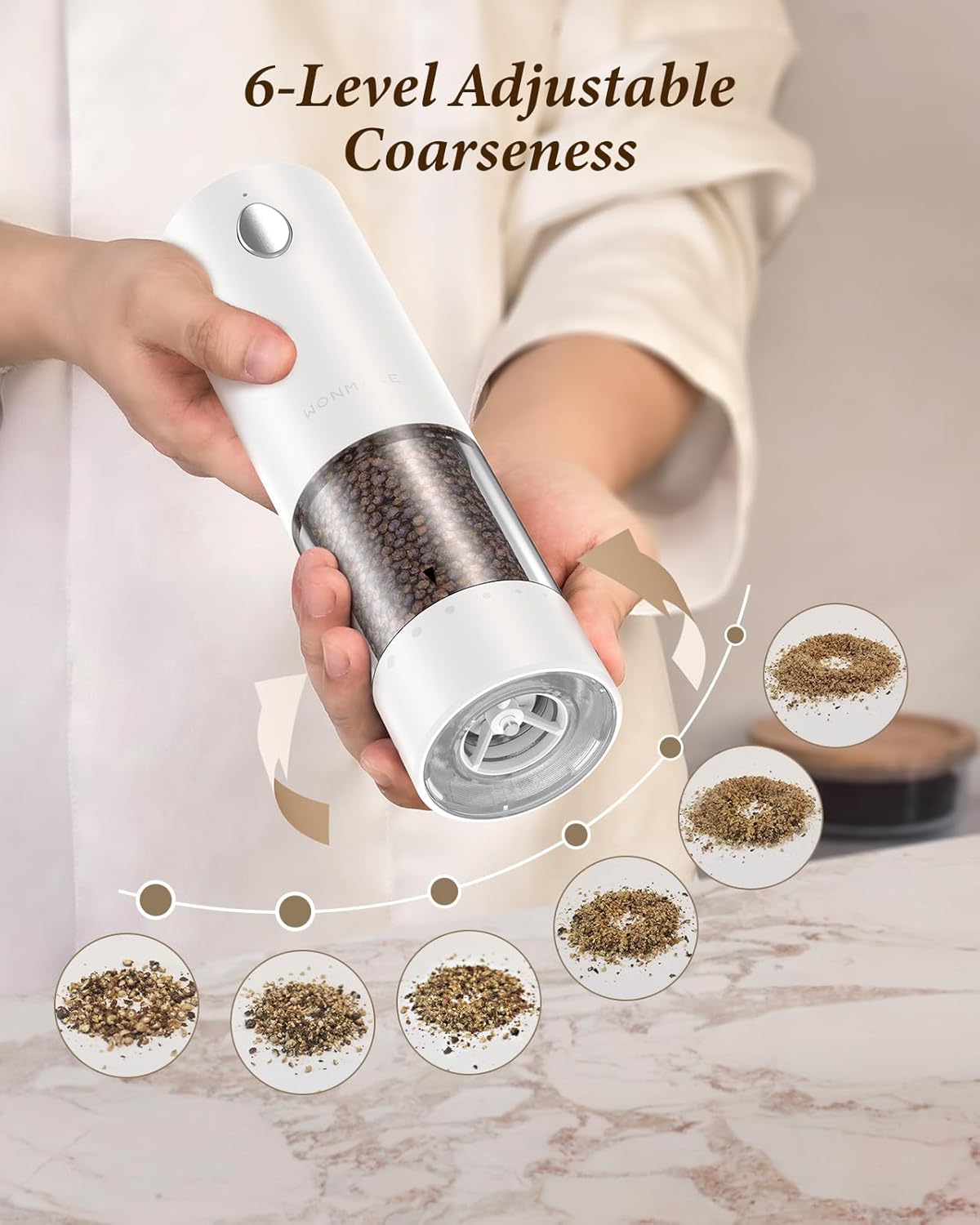 Electric Salt and Pepper Grinder Set - Automatic Refillable Salt and Pepper Grinders with Charging Base & LED Light, 6-Level Adjustable Coarseness with External Dial, Ideal Kitchen Gadget，Black& White