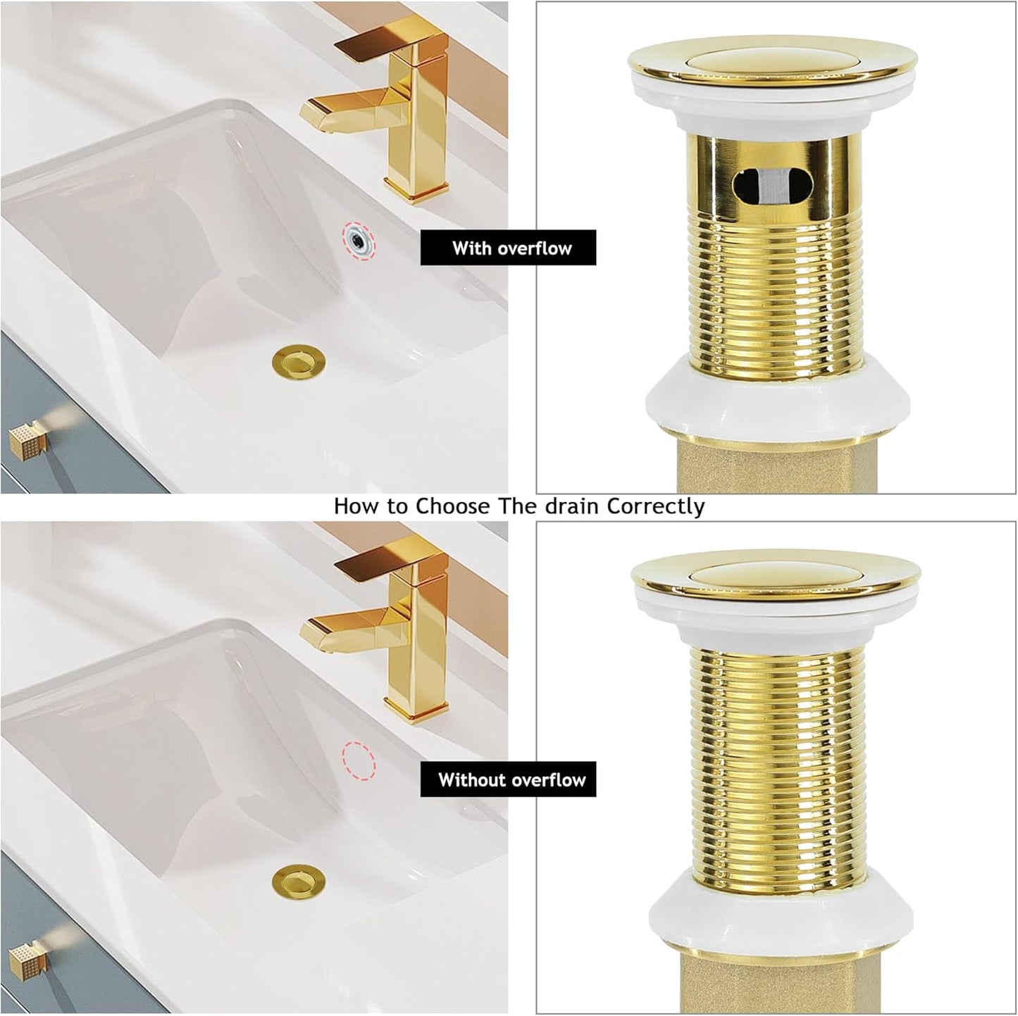 Bathroom Sink Drain,Drain Stopper Gold Stainless Steel Bathroom Sink Without Overflow,Small Cap Pop Up Drain Assembly with Detachable Strainer Basket,Built-in Anti-Clogging