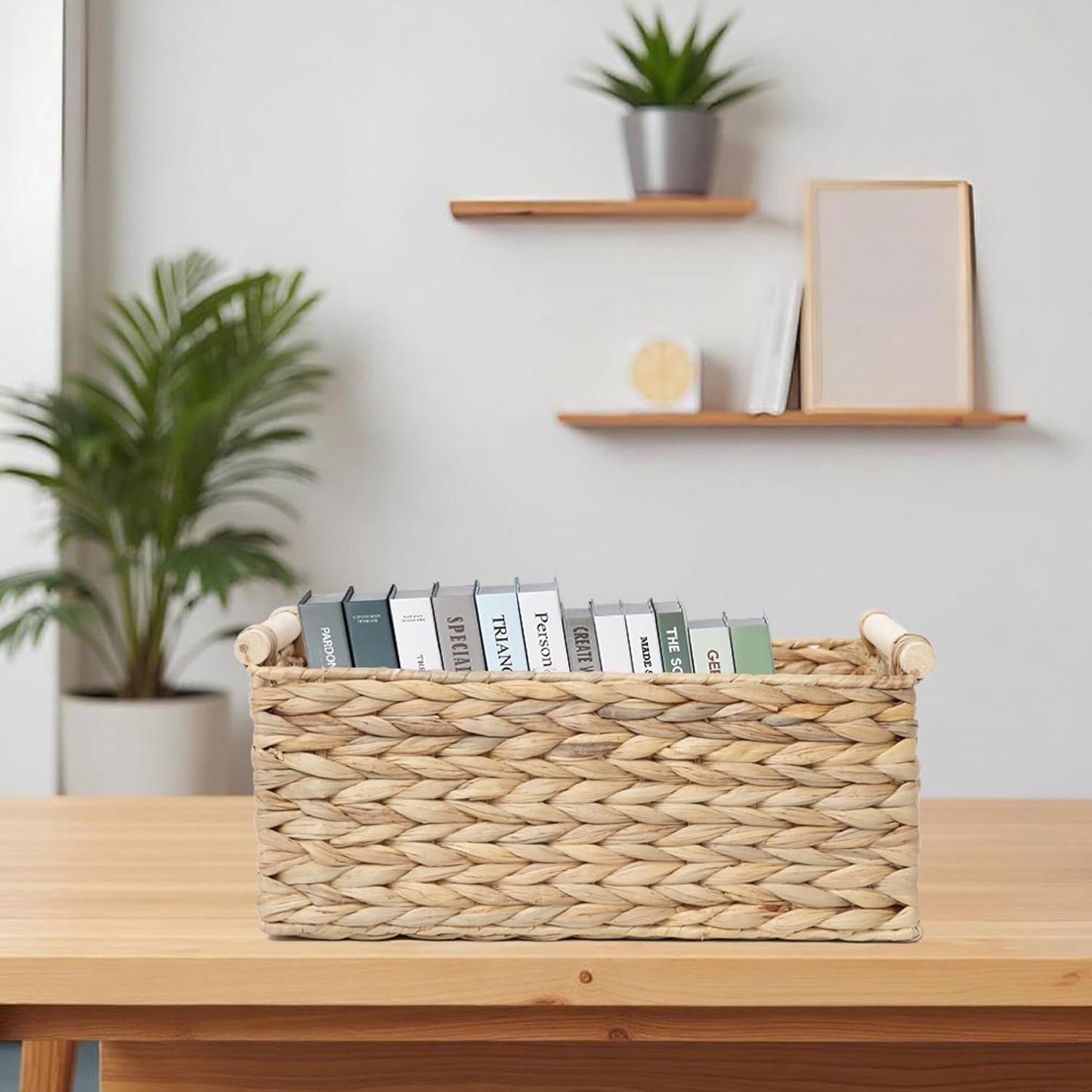 Handmade Water Hyacinth Woven Storage Baskets with Wooden Handles, Rectangle Rustic Organizer Set for Home Decor, Kitchen, Bedroom & Office (Set of 3)