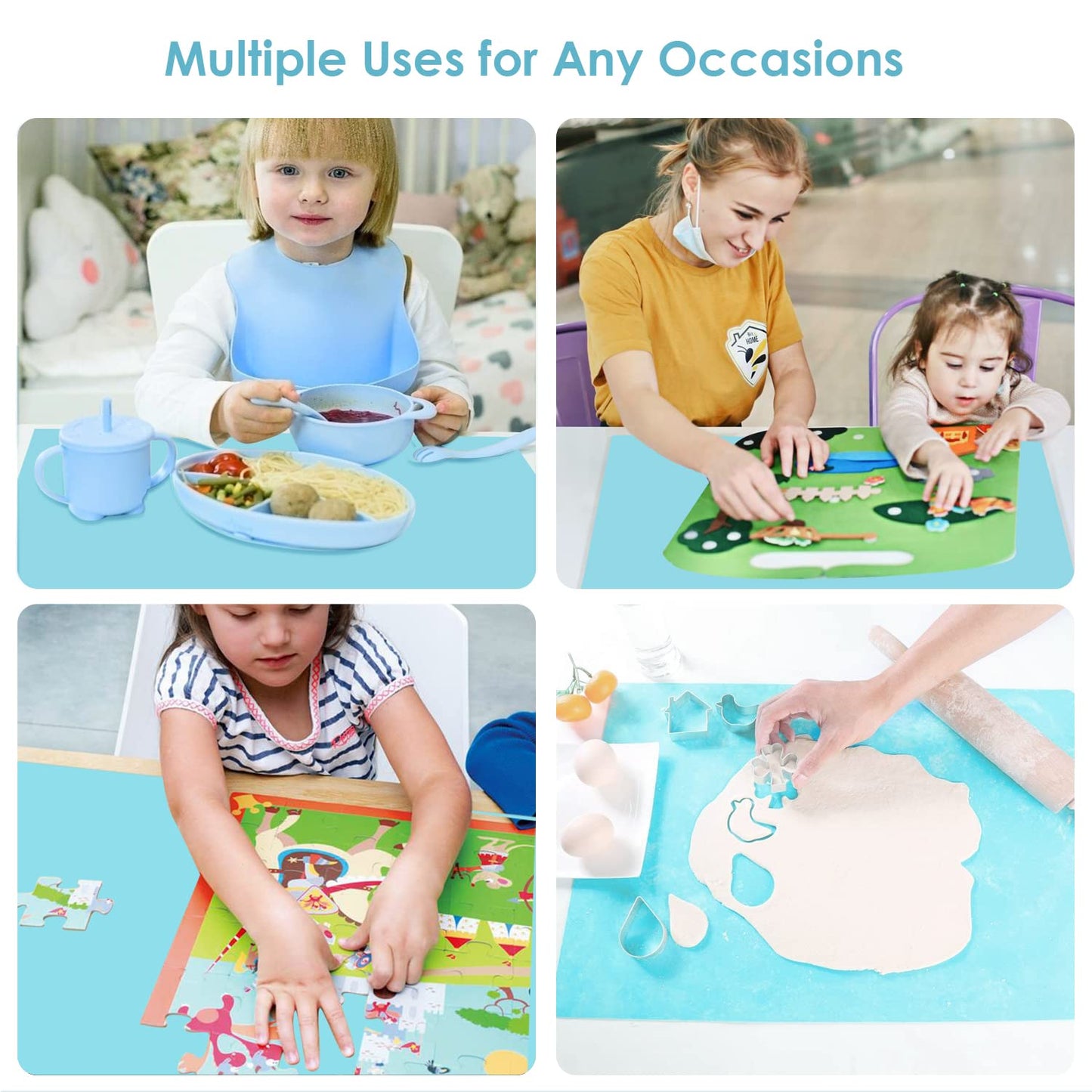 Extra Large Silicone Mats, Food Grade & Thick Silicone Pad Table Mat for Crafts, Kids Placemat, Silicone Heat Resistant Mat Kitchen Counter Mat for Baking Pastry, 23.6''x15.75'' Light Blue, 1Pack