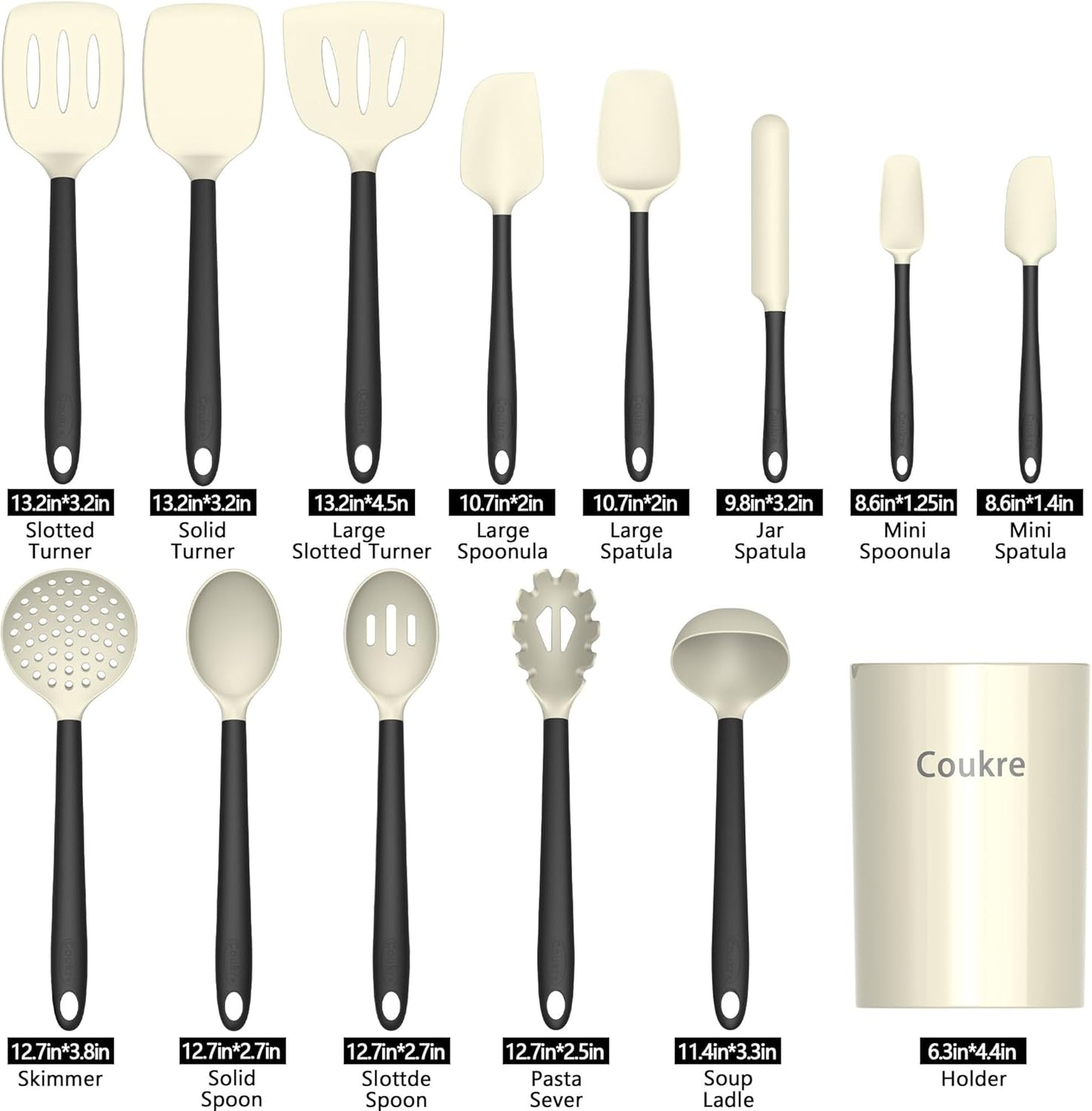 Coukre Silicone Kitchen Cooking Utensils Set with Holder – Heat-Resistant, Food-Grade Kitchen Tools, Spatula, Spoon & Gadgets for Non-Stick Pans, Dishwasher Safe (14, Beige)