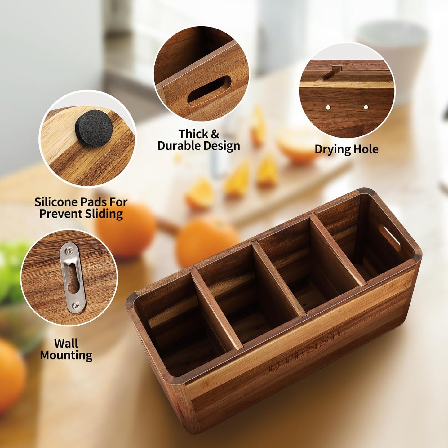 Kitchen Utensil Holder with 4 Compartments, Large Acacia Wood Utensil Caddy Storage Caddy Organizer Countertop for Flatware Silverware Fork Spoon Spatula