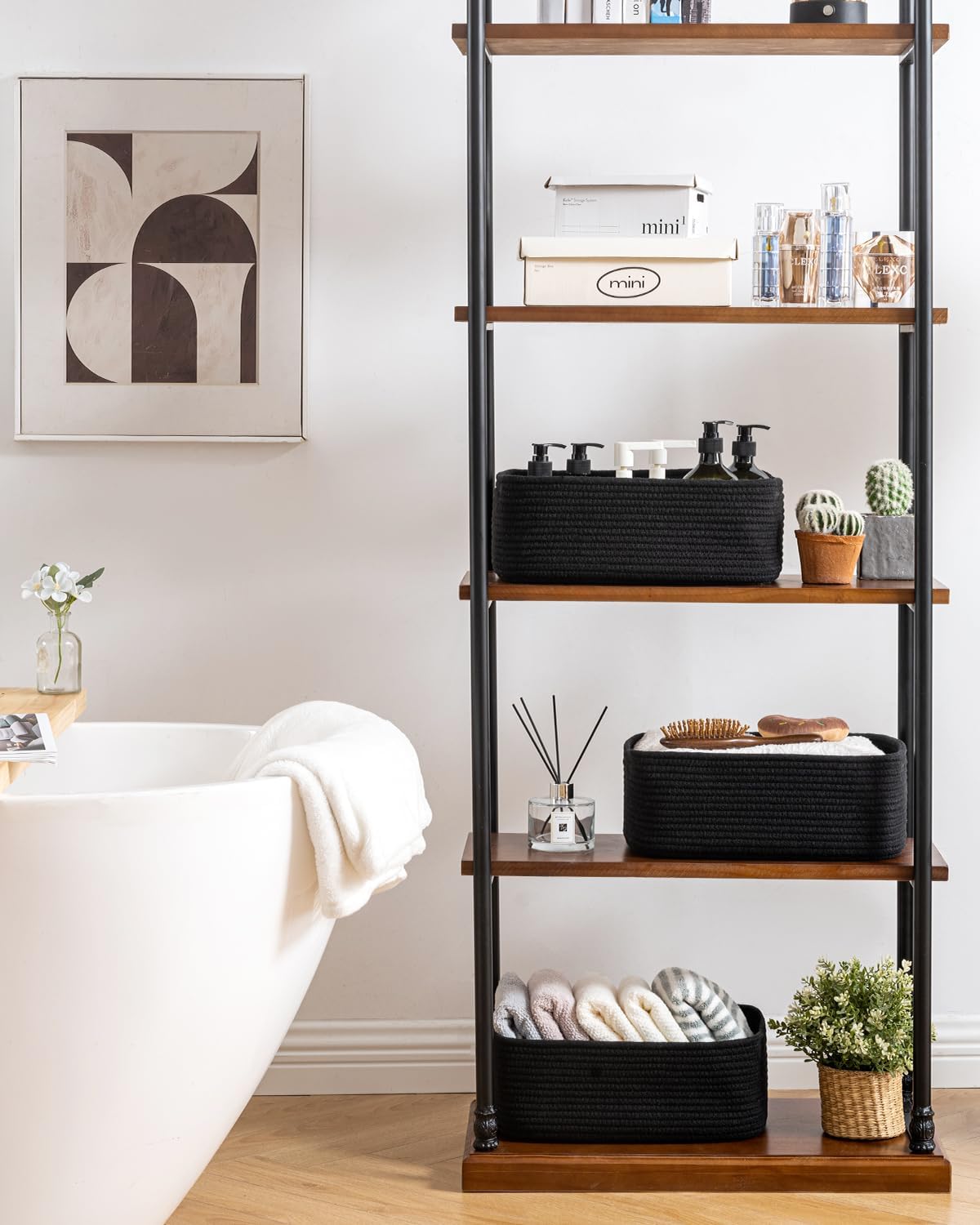 Small Woven Basket, 13.5 x 9.5 x 5 Inches, Storage Basket for Organizing, Cute Small Rope Shelf Closet Cube Storage Bins Baskets for Shelves, Dog Toy Gift Baskets Empty, 3 Packs, Black