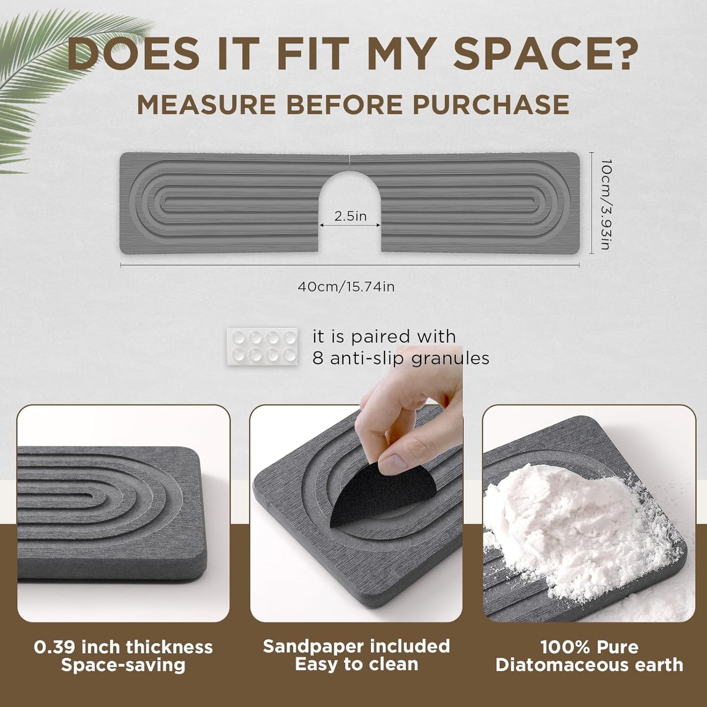 Faucet Mat for Kitchen Sink, Diatomite Stone Drying Sink Protectors, Bathroom Faucet Splash Guard, Quick Dry Water Absorbing, Non-Slip Stone Tray for Kitchen Counter, Grey, 15.7" x 3.9"