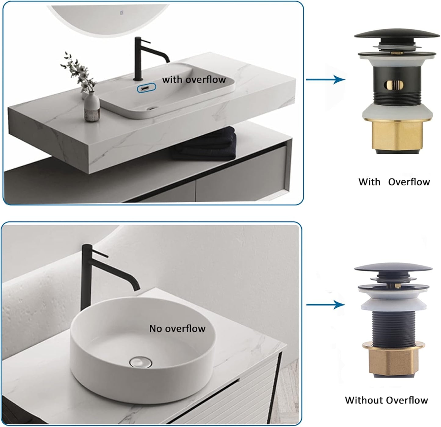 Bathroom Sink Drain,5 Pack Drain Stopper Bathroom Sink with Overflow,Pop Up Drain Assembly with Detachable Strainer Basket,Built-in Anti-Clogging Strainer,Stainless Steel Mattle Black