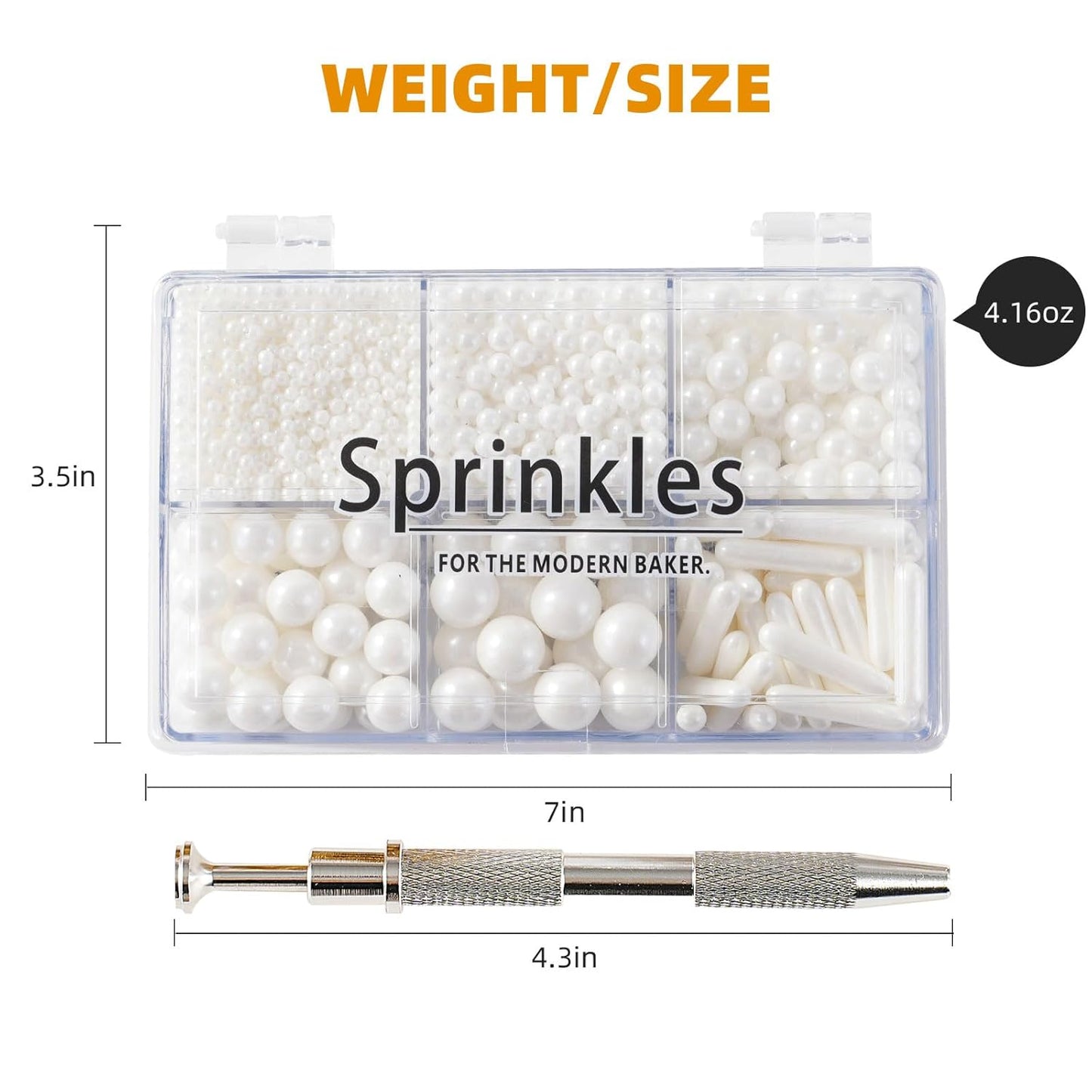 Kasvan White Mix Sugar Sprinkles - Edible Candy Pearls with 4-Claw Sprinkle Pen,118g/4.16 Oz, Gift Box Pack, Baking Cake Decorations, Ice Cream Toppings and Cookie Decorating, Wedding Party Chirstmas Supplies