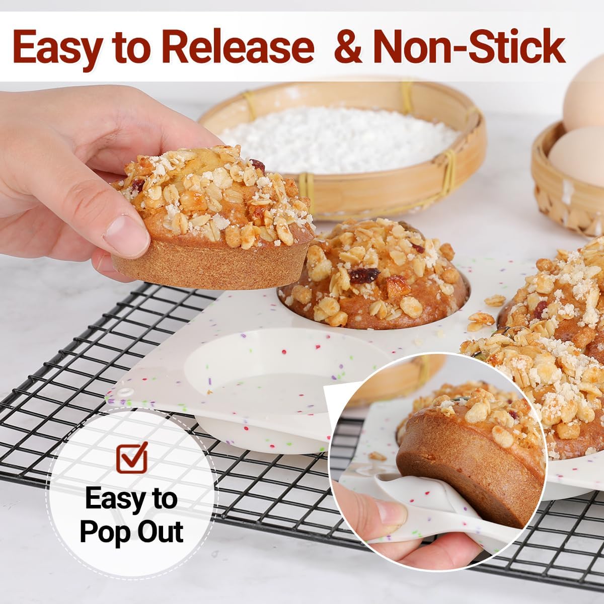 Muffin Top Pan, Silicone Egg Molds for Breakfast Sandwiches 3 Inch Round Baking Pan for Oven English Muffins, Whoopie Pies, Corn Bread, Bites, Tarts 2 Pack Confetti