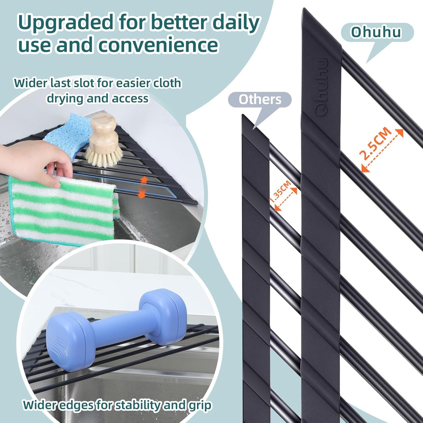 Corner Sink Caddy, Ohuhu Sponge Holder for Kitchen Sink Organizer Silicone Wrapped Steel Anti Slip Rust Triangle Over the Sink Dish Drying Rack for Sink Corner Multipurpose Drainer Trivet Space-Saving