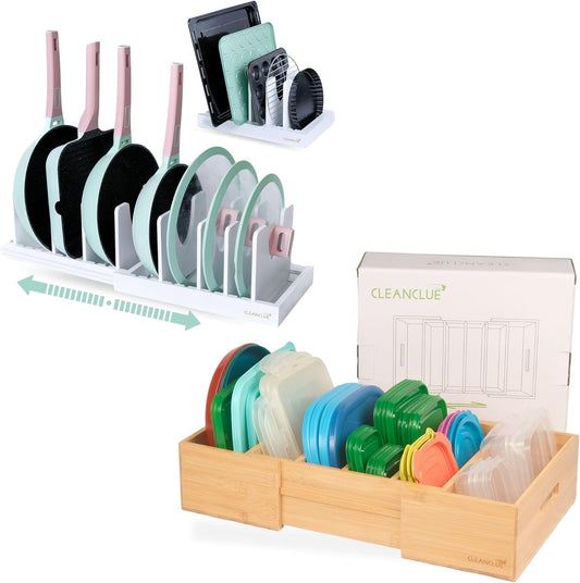 Bamboo Pot and Lid Organizers Bundle: White and Natural - Expandable Kitchen Cabinet Storage for Food Container Lids and Pans - Adjustable Dividers