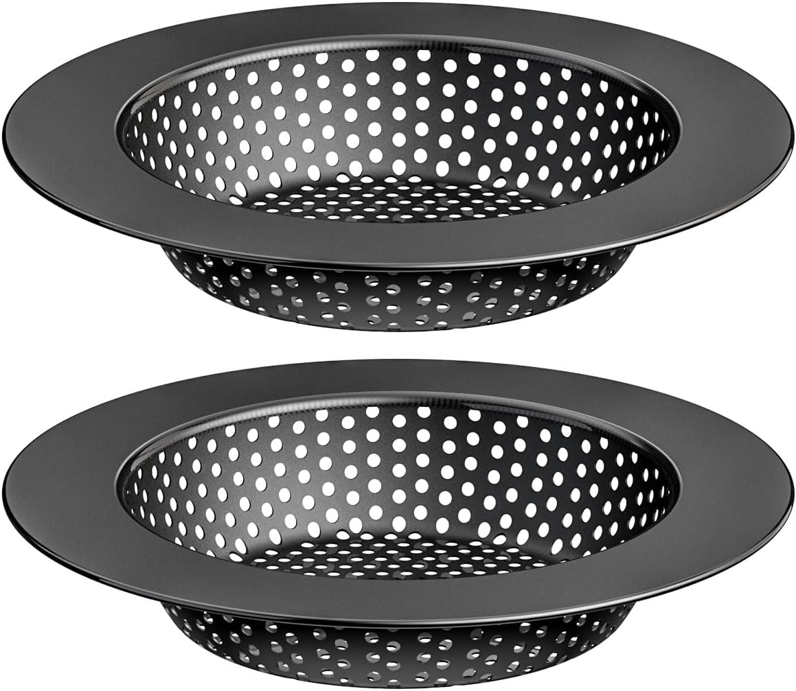 Black Kitchen Sink Drain Strainer, Sink Drain Cover, Food Catcher, Large Wide Rim 4.5" Diameter, Stainless Steel, Pack of 2
