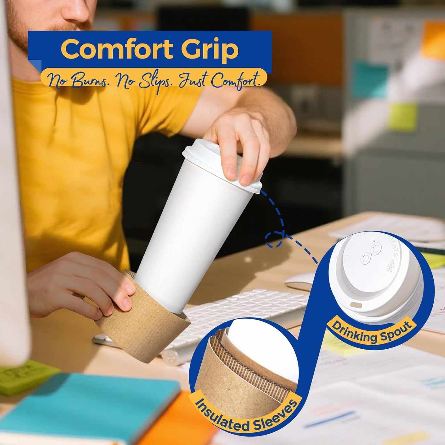 Fit Meal Prep 50 Pack 20 oz Disposable Coffee Cups with Lids, Sleeves, Leak-Proof To Go Coffee Cups with Lids, Durable Hot Paper Cups for Home, Office, Party, Business