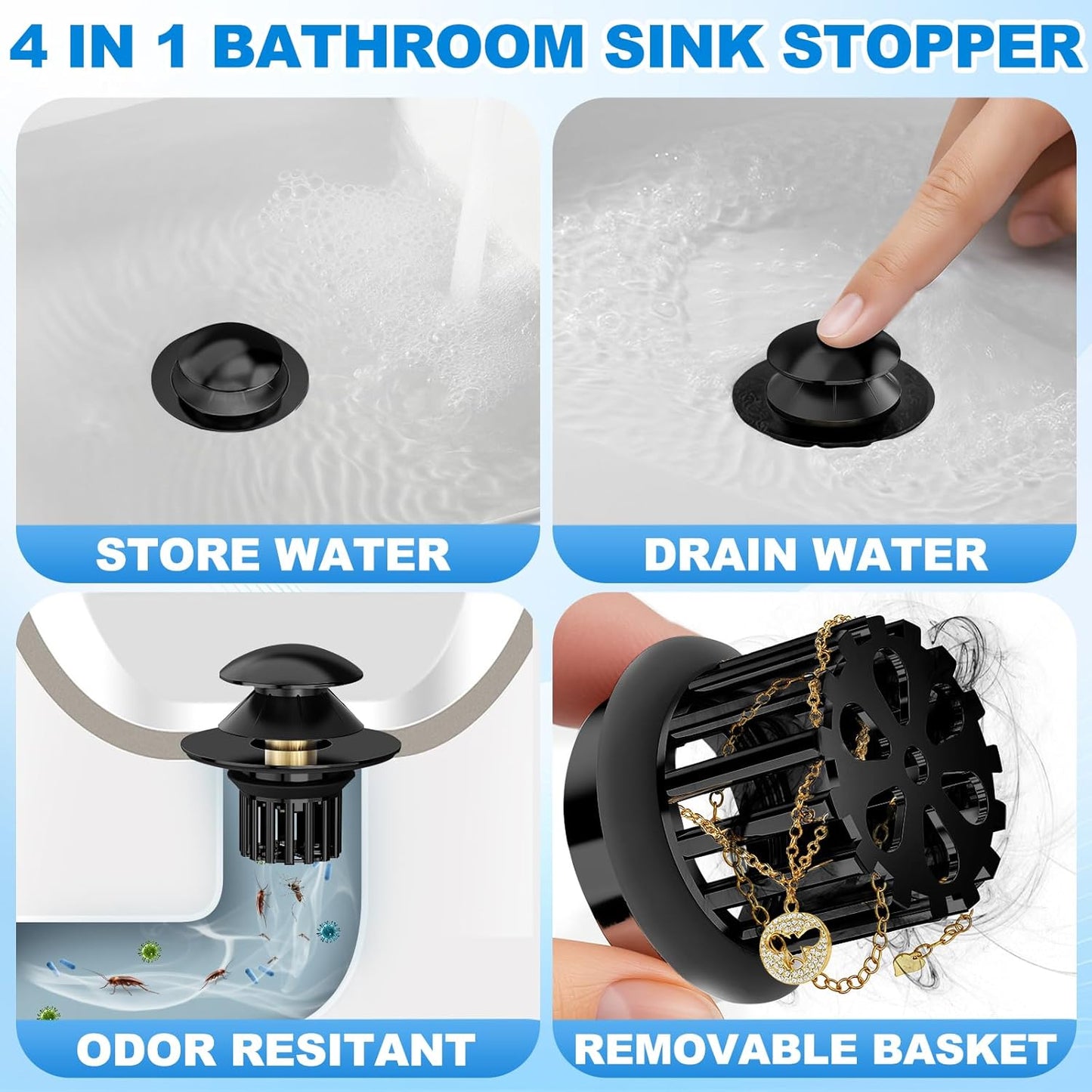 Universal 4 in 1 Bathroom Sink Drain Strainer with Removable Filter Basket, Pop Up Pure Copper Bathroom Sink Stopper, Anti-Clogging Bathroom Drain Stopper Sink Plug Black