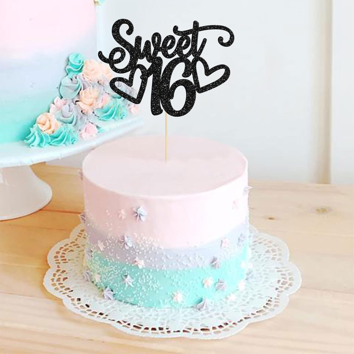 Gyufise 1Pc Sweet Teenager 16 Cake Topper Glitter 16th Birthday Cake Pick for Cheers to 16 Years Old 16th Birthday Party Cake Decorations Supplies Black