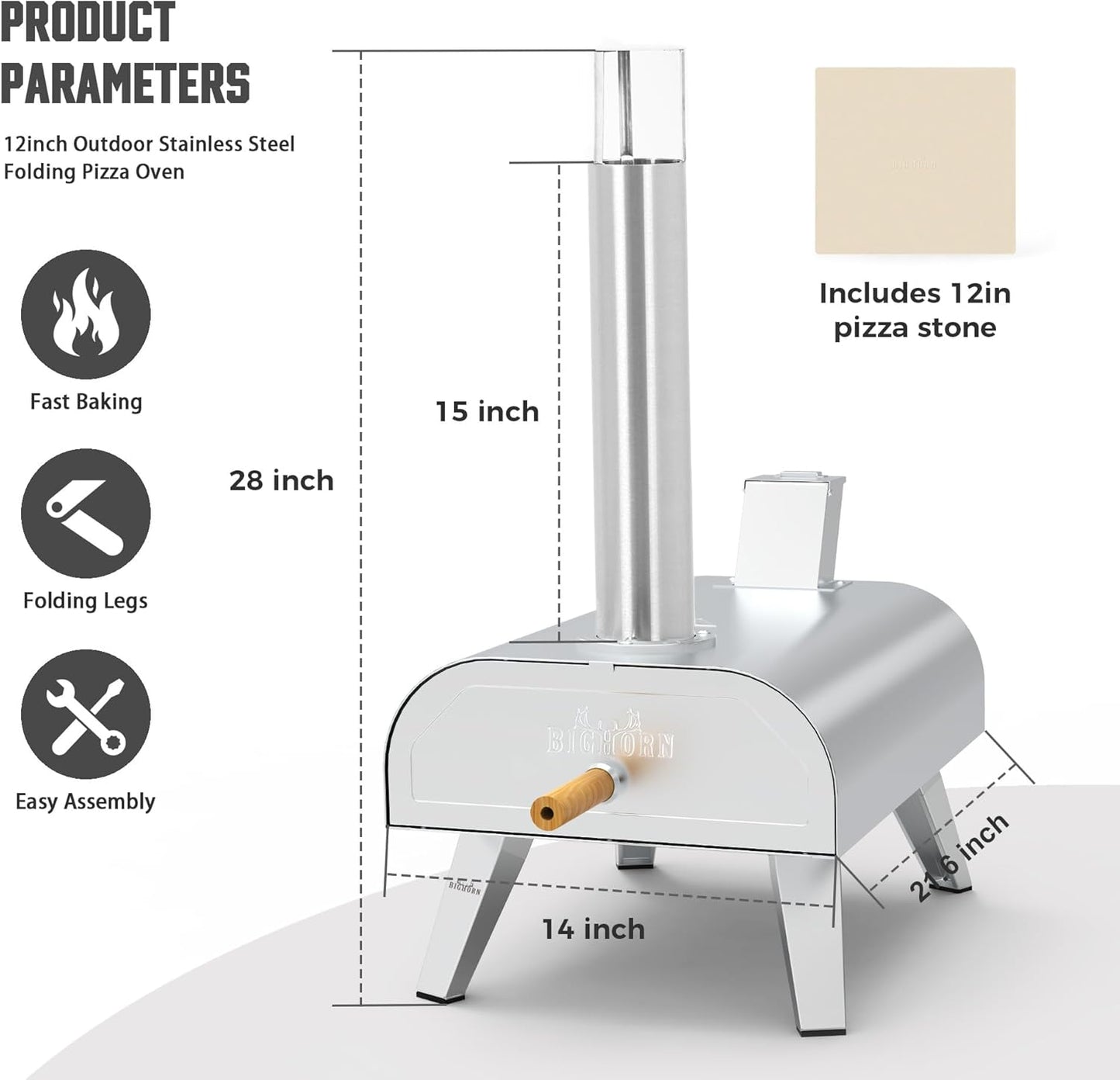 BIG HORN OUTDOORS Pizza Ovens Wood Pellet 12” Pizza Oven Cooking Pizza Maker Portable Stainless Steel Pizza Grill, Silver Portable Party use