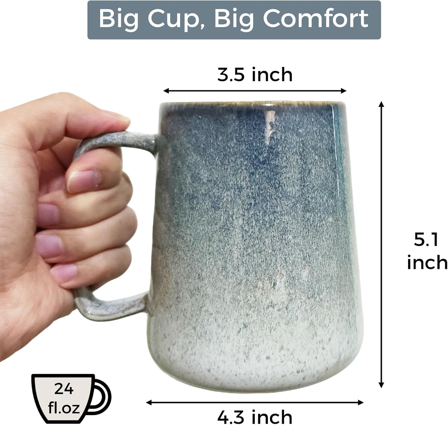 Extra Large Tall Coffee Mugs with Handle - Set of 2, 24 oz Ceramic, Dishwasher & Microwave Safe, Unique Kiln Change Design