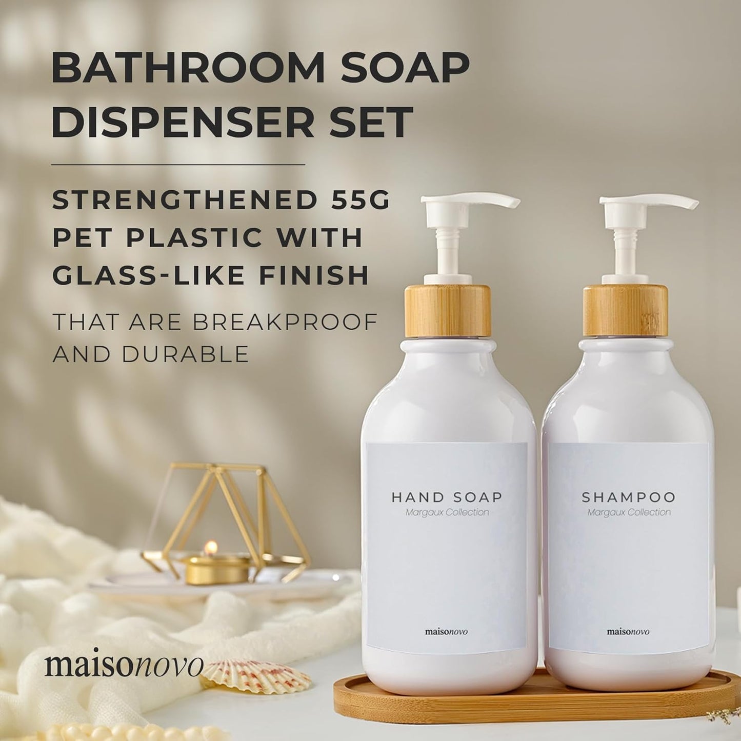 Maisonovo Plastic Soap Dispenser Set | Hand Soap and Dish Soap Dispenser Set | 16.9oz Amber Bottles with Black Bamboo Pump | Bathroom Lotion Dispenser with Pump Set of 2