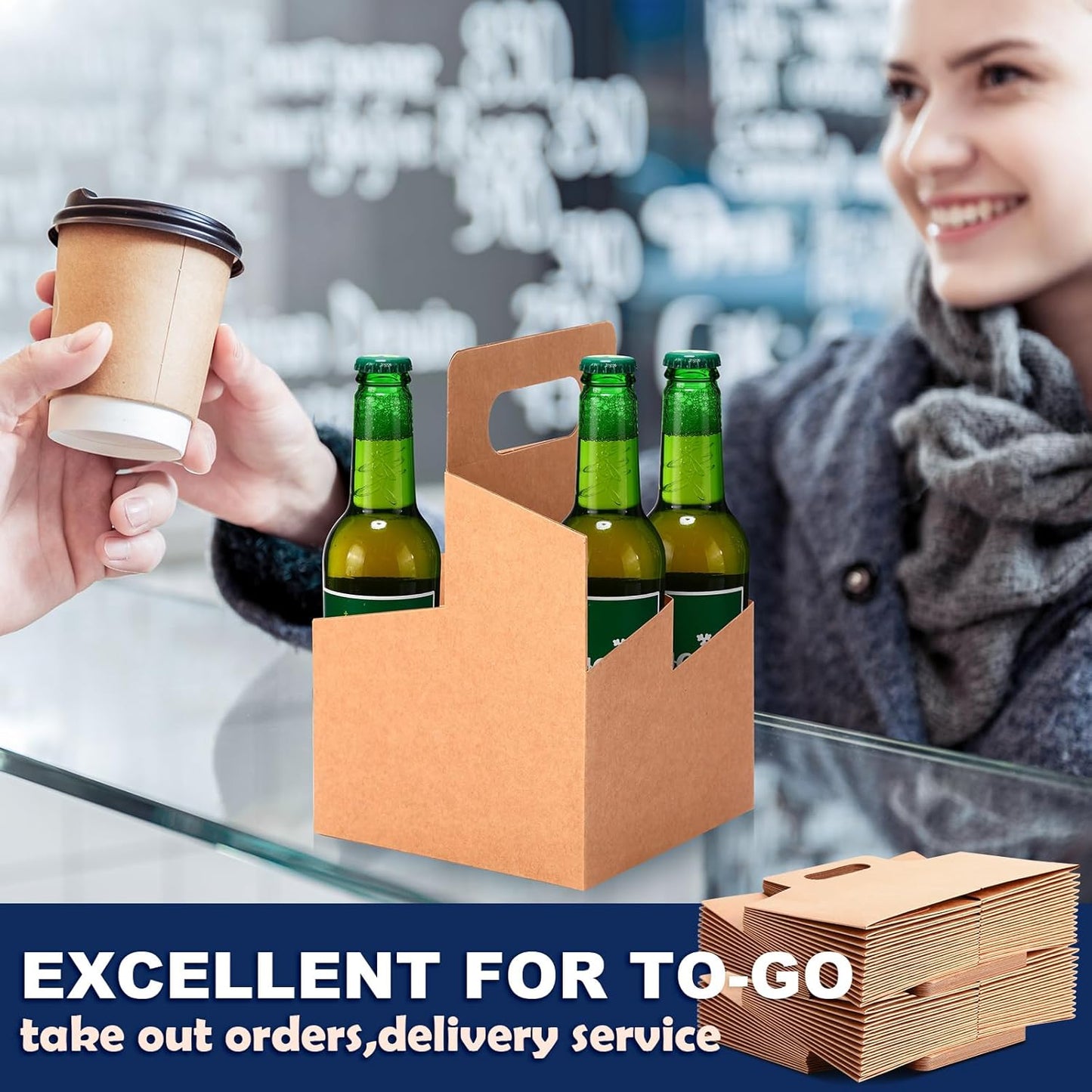 Jetec 4 Cup Drink Carrier with Handle, Kraft Paperboard Beer Carrier, Disposable Drink Holder for Hot or Cold Drinks, 12-16 oz Bottle Holder for Soda and Other Bottled Products(50 Pcs,Brown)