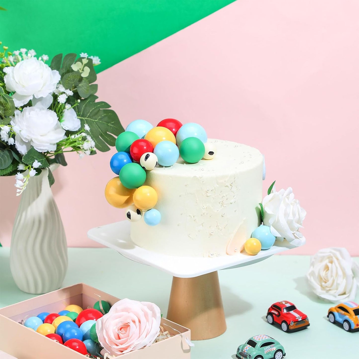 108 Pcs Balls Cake Topper DIY Cupcake Insert Foam Balloons for Cake Baking Wedding Anniversary Birthday Decoration(Green,Blue,Yellow,Red,Cow Color,Multi Sizes)