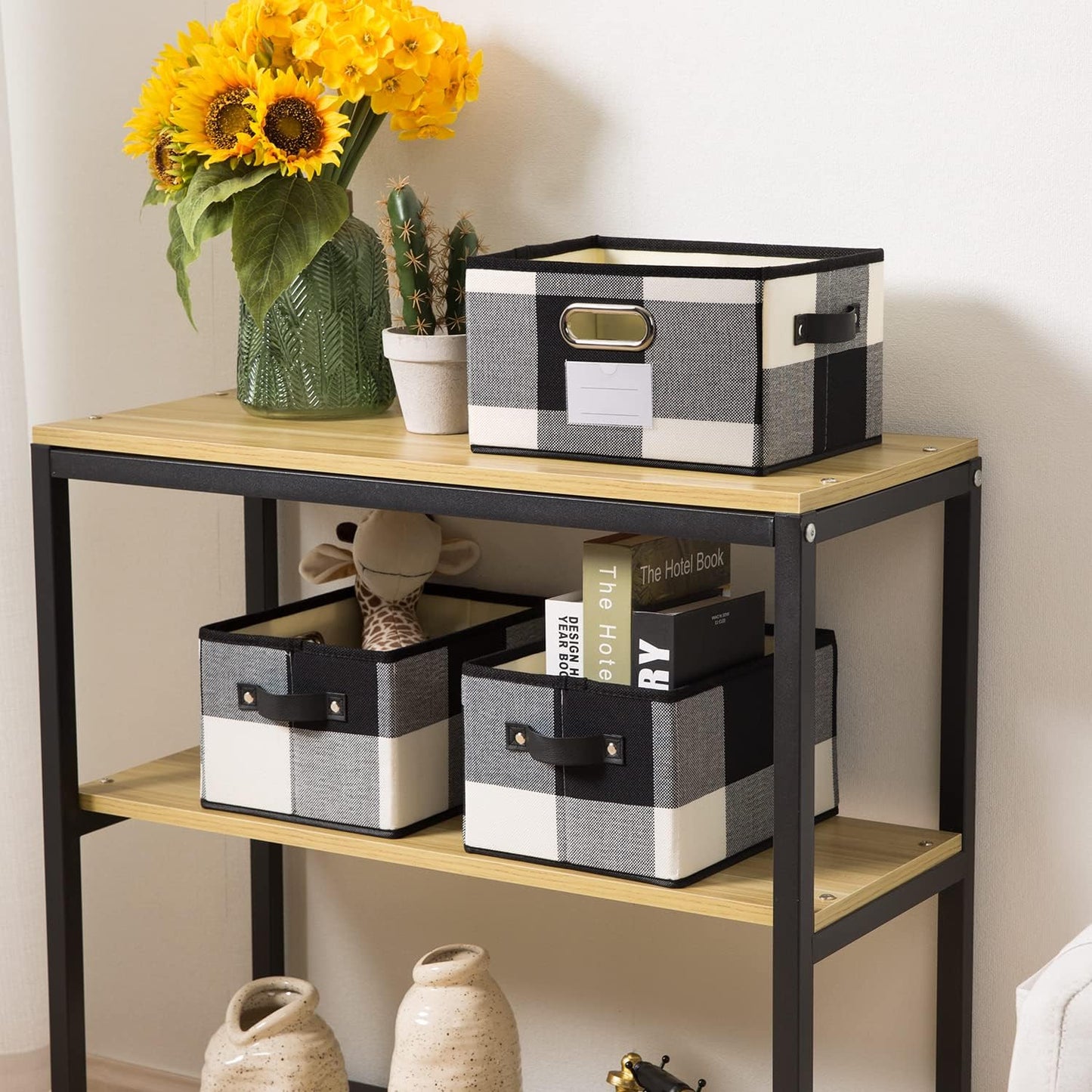 PRANDOM Fodable Storage Bins for Closet [3-Pack] Decorative Fabric Storage Baskets Cubes with Leather/Metal Handles for Shelves Bedroom Living Room Black and White Grid (11.5x8.5x6.7 Inch)