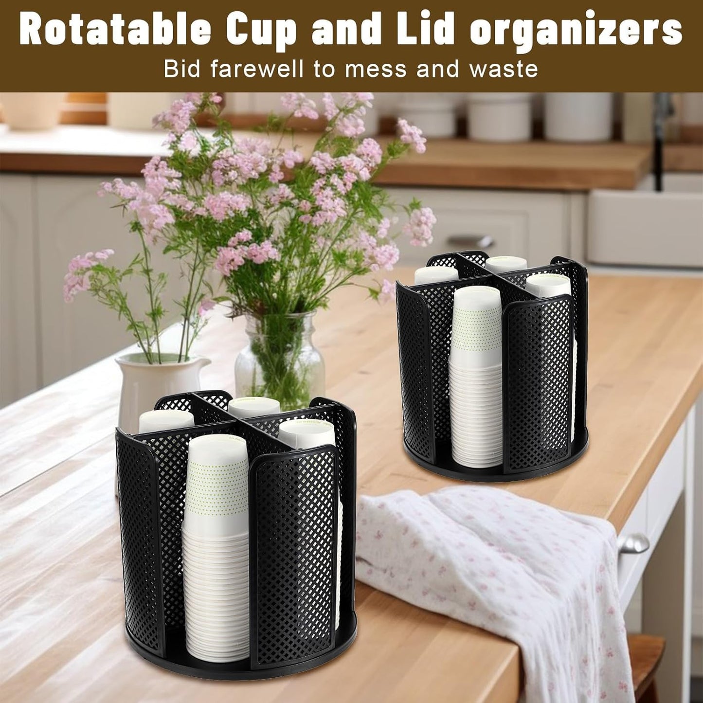 1 Pcs Rotating Paper Cup Dispenser, Cup Holder with 4 Compartments, Disposable Coffee Cup Dispenser Removable, Plastic Cup Storage & Lid Holder for Countertops, Kitchen, Coffee Stations (Black)