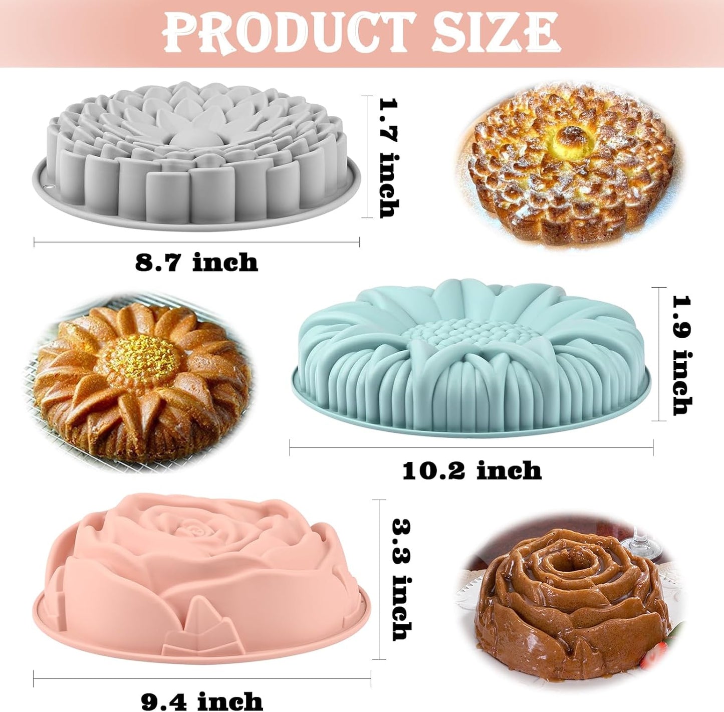 Sakolla 3 Pack Flower Shape Silicone Cake Molds, Large Round Silicone Molds for Baking Cake, Breads, Pies, Tarts, Jello (Rose, Chrysanthemum, Sunflower)